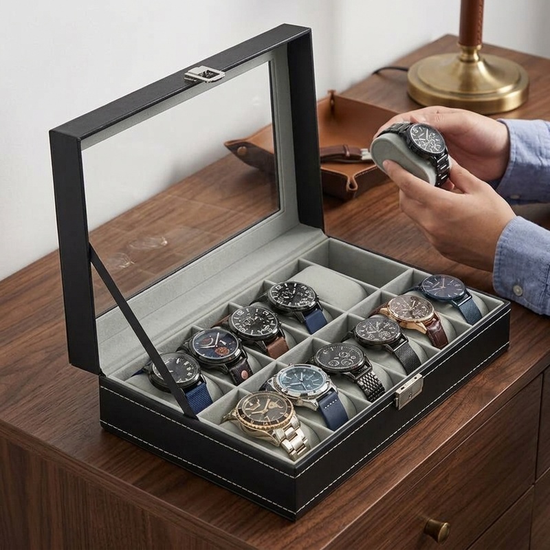 Watch Display Case Glass Top 12 Slots - Horlogebox van kunstleer met 2/3/4/5/6/8/10/12 vakken,
