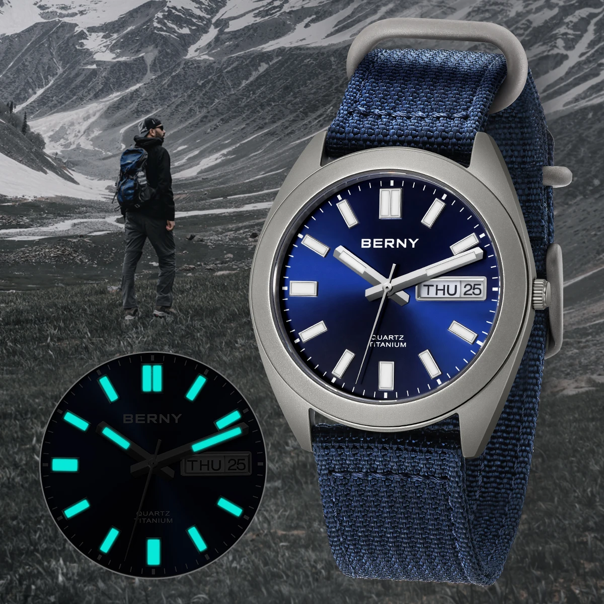 Field Watch Titanium 100M Sapphire - BERNY Titanium Mannen Horloge Avondmaal Lichtgevende