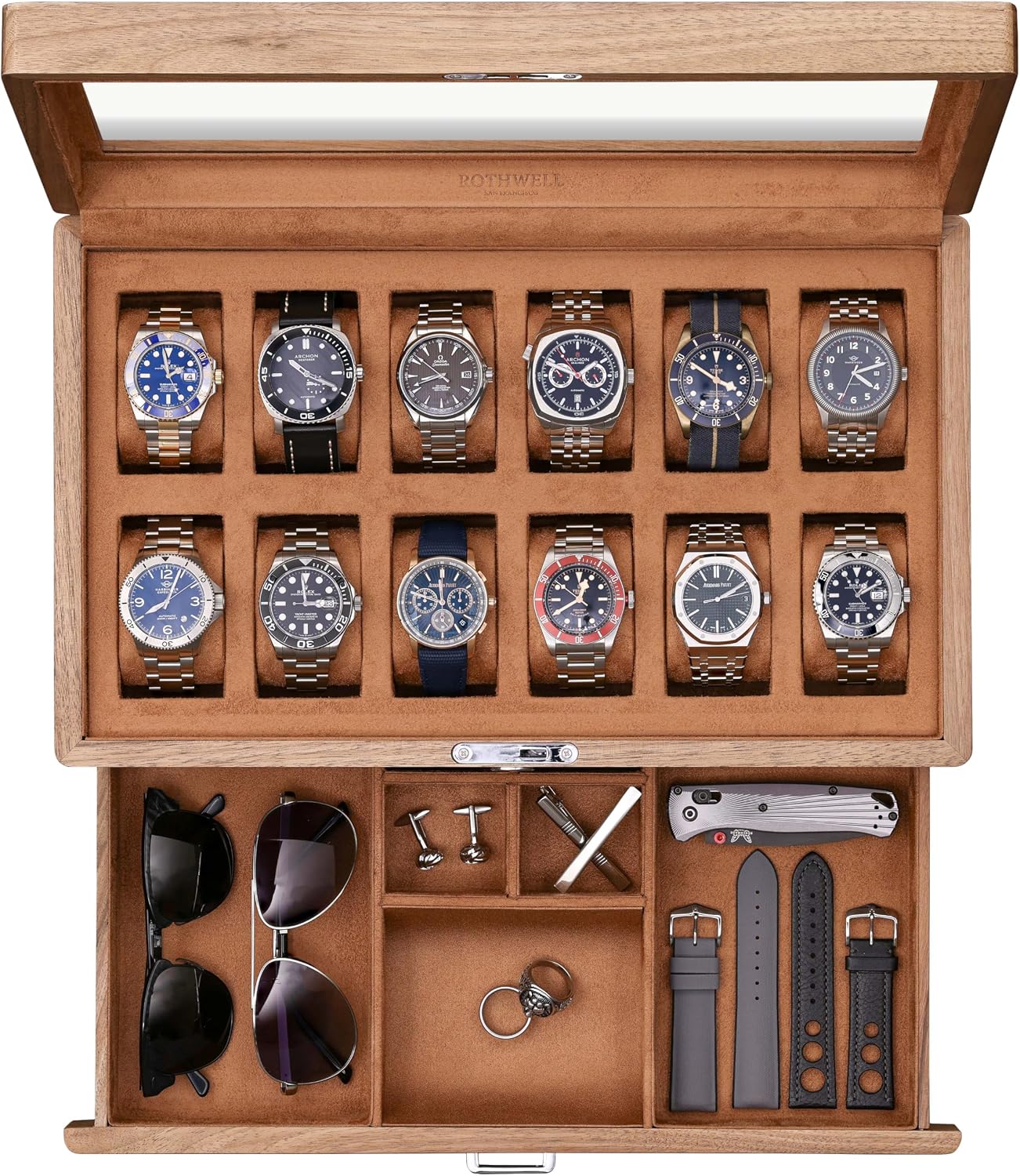 Watch Display Case Glass Top 12 Slots - 12-vakken horlogekist van massief walnoot met