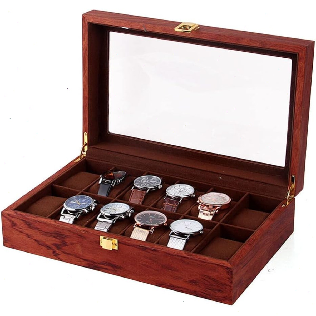 Watch Display Case Glass Top 12 Slots - Houten horlogedoos met 12 vakken, glazen