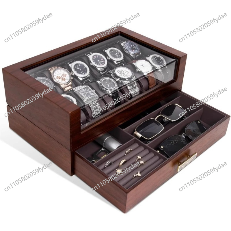 Watch Display Case Glass Top 12 Slots - Houten horlogekist met 12 vakjes en