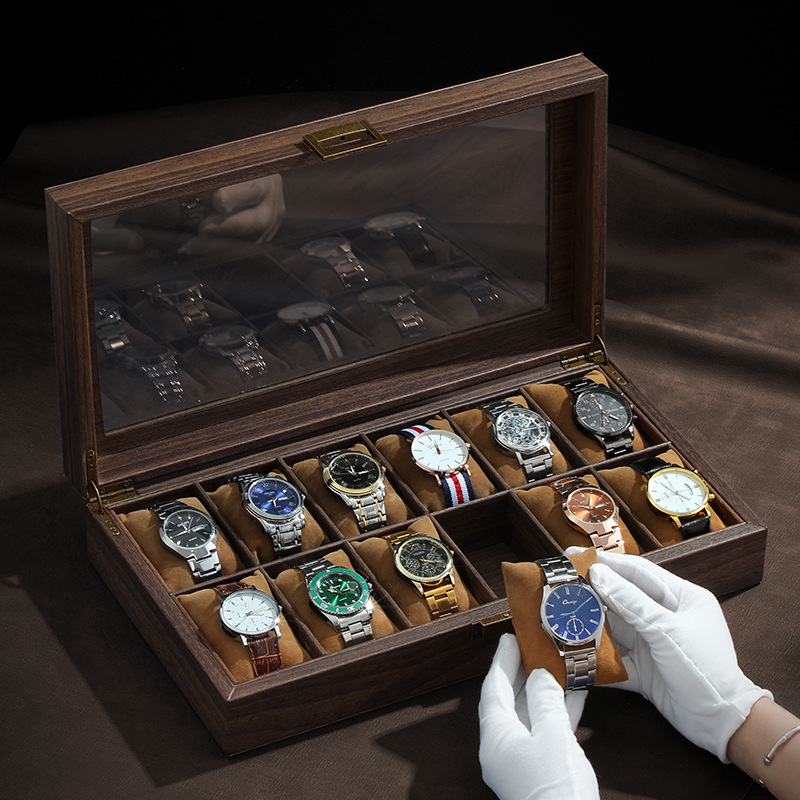 Watch Display Case Glass Top 12 Slots - 3/6/10/12 Sleuven Vintage Houtnerf Lederen Horloge