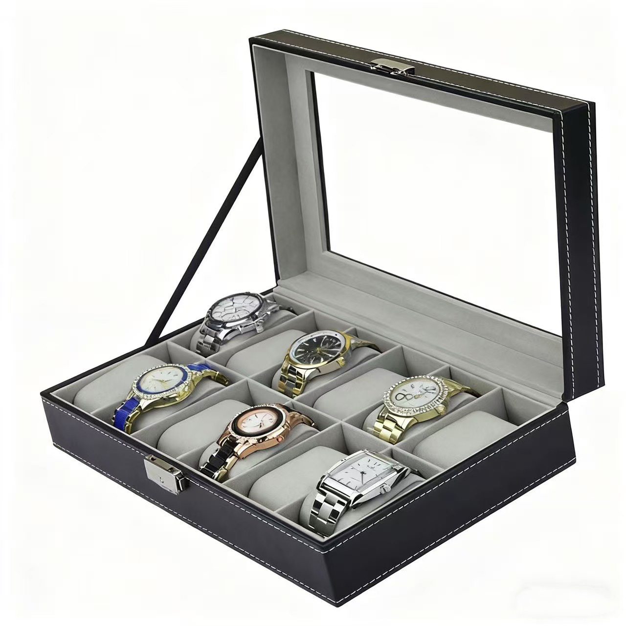 Watch Display Case Glass Top 12 Slots - PU Lederen horloge doos 6/10/12 Slots