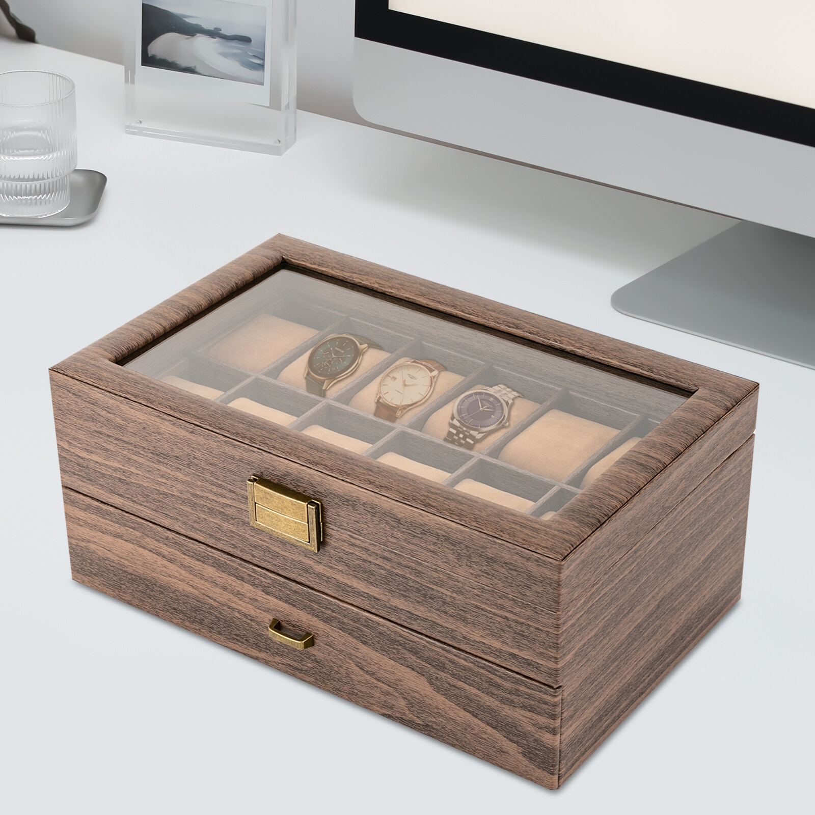 Watch Display Case Glass Top 12 Slots - Horlogebox met 24 vakjes, horlogekoffer 13,4*8,3*6