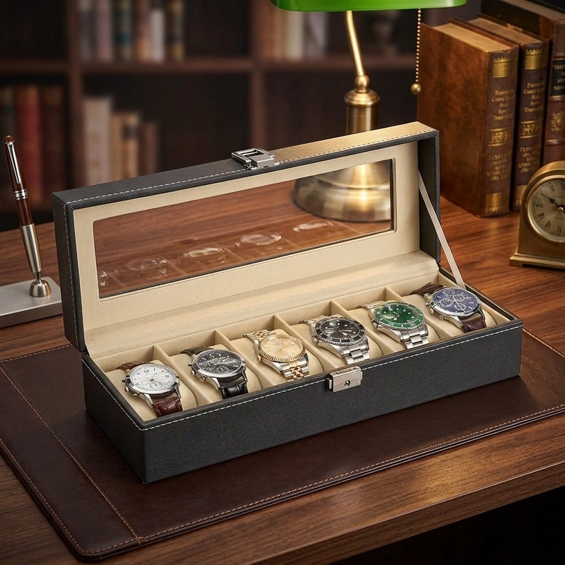 Watch Display Case Glass Top 12 Slots - Horlogebox van kunstleer met glazen deksel,