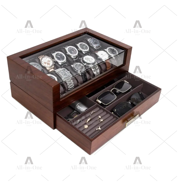 Watch Display Case Glass Top 12 Slots - Houten horlogekist met 12 vakjes en