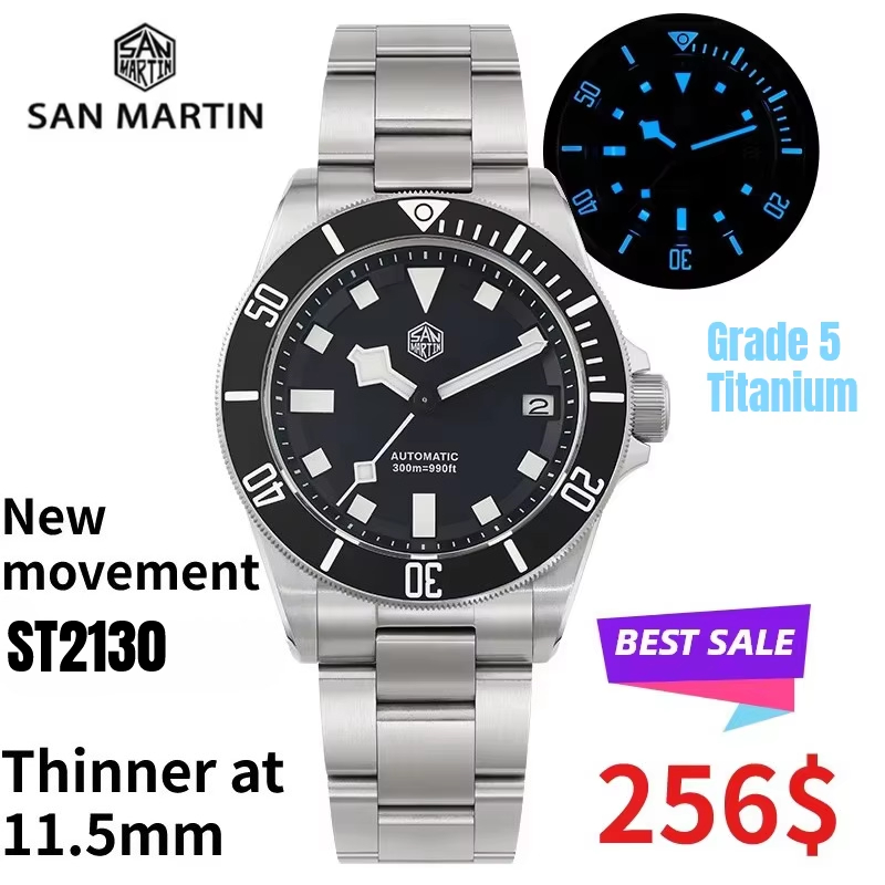 Titanium Automatic Watch 300M Sapphire - San Martin SN0121T Titanium Duikhorloge ST2130