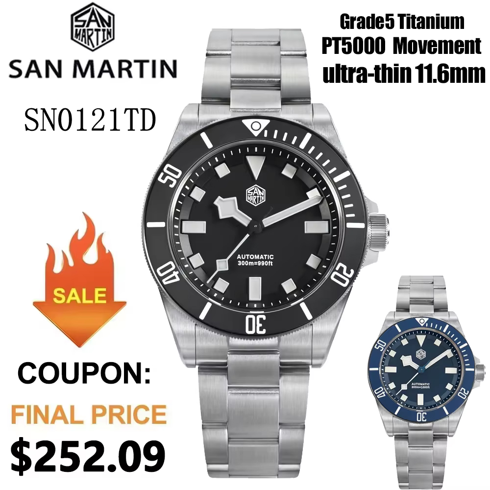 Titanium Automatic Watch 300M Sapphire - San Martin SN0121TE Titanium Duikhorloge ST2130