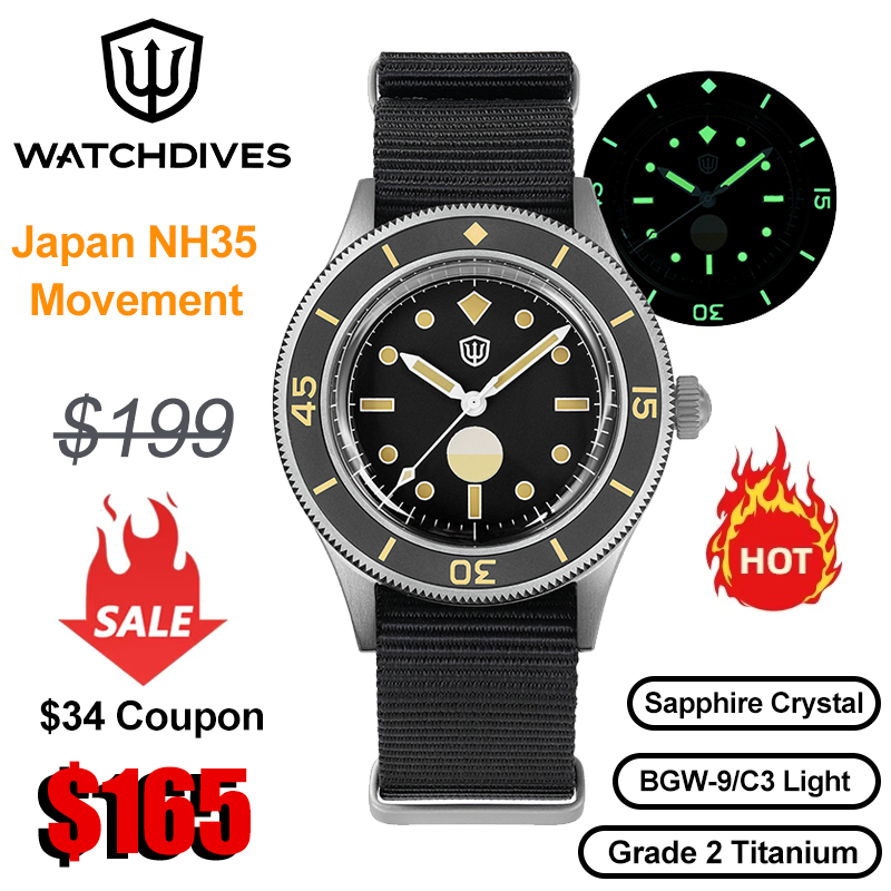 Titanium Automatic Watch 300M Sapphire - Watchdives WD50Ti titanium uurwerk BGW9 lichtgevend