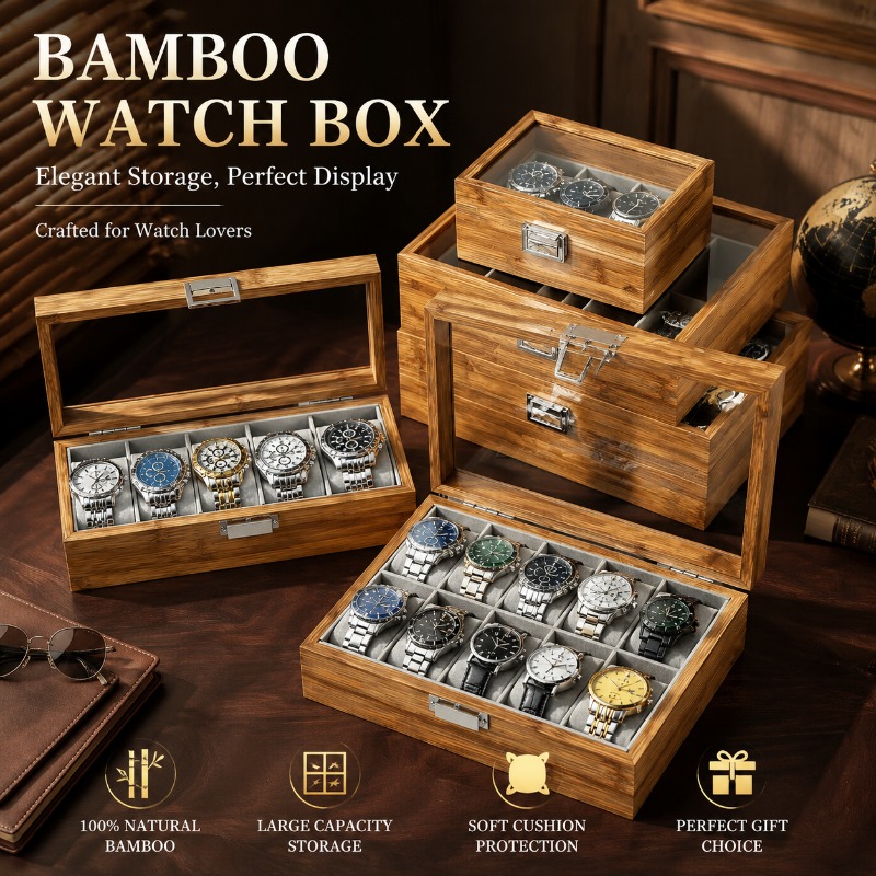 Watch Display Case Glass Top 12 Slots - Premium bamboe houten horloge etalagekast met