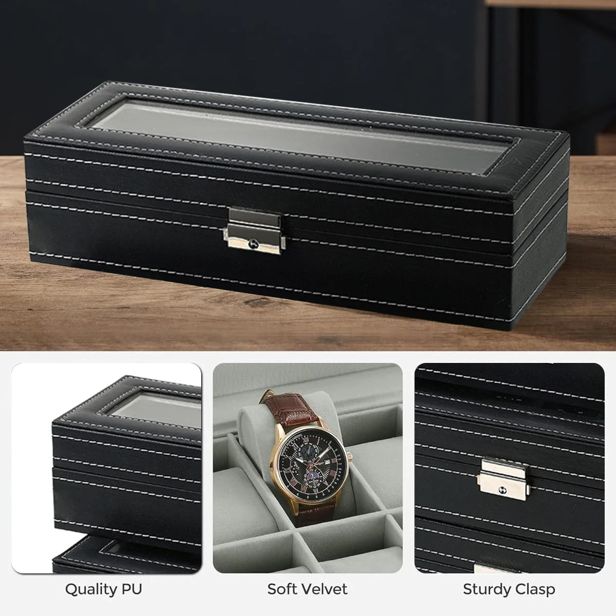 PU Lederen Horlogebox 2/3/4/5/ - Watch Display Case Glass Top 12 Slots recensie en prijs