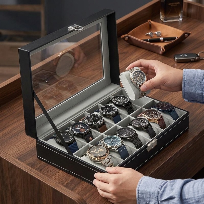 Horloge-organizer van PU-leer  - Watch Display Case Glass Top 12 Slots recensie en prijs