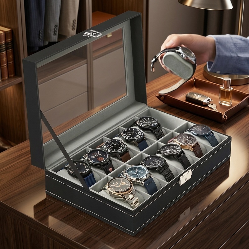 Horlogebox van PU-leer met 2/3 - Watch Display Case Glass Top 12 Slots recensie en prijs