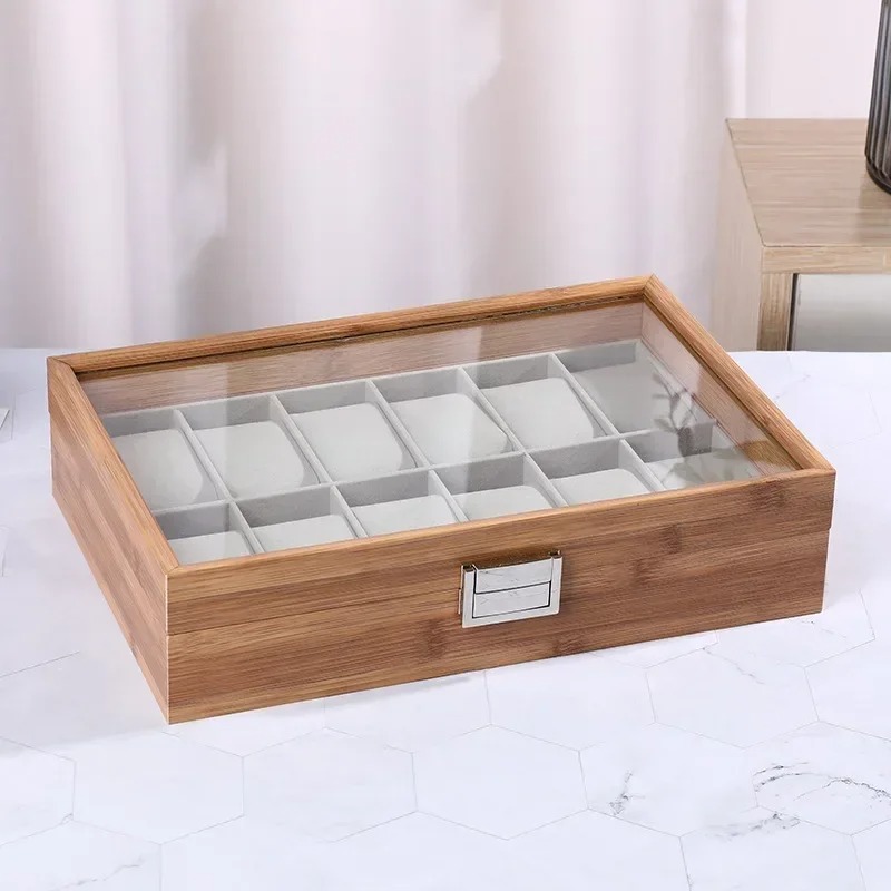 Premium bamboe houten horloge  - Watch Display Case Glass Top 12 Slots recensie en prijs
